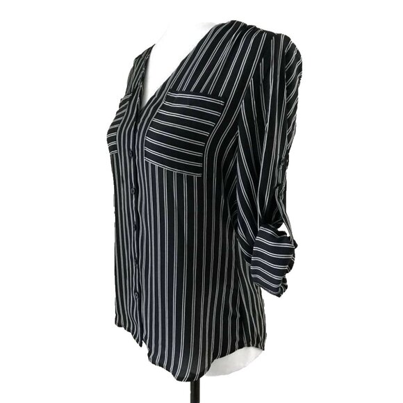 EXPRESS Roll Up Sleeve Blouse Top Size XS Black White Striped V Neck - Picture 3 of 6